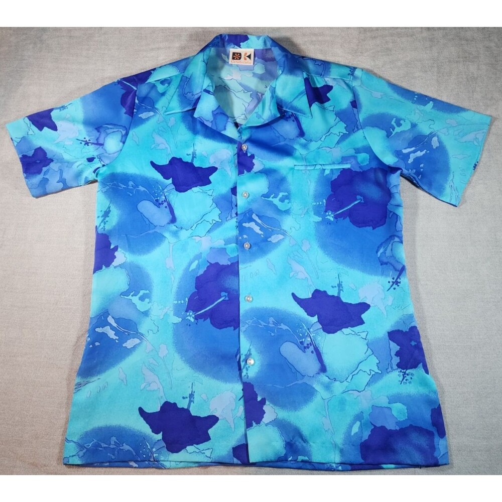 Vintage Kamehameha Hawaiian Shirt Men's XL Blue Floral Aloha Short Sleeve